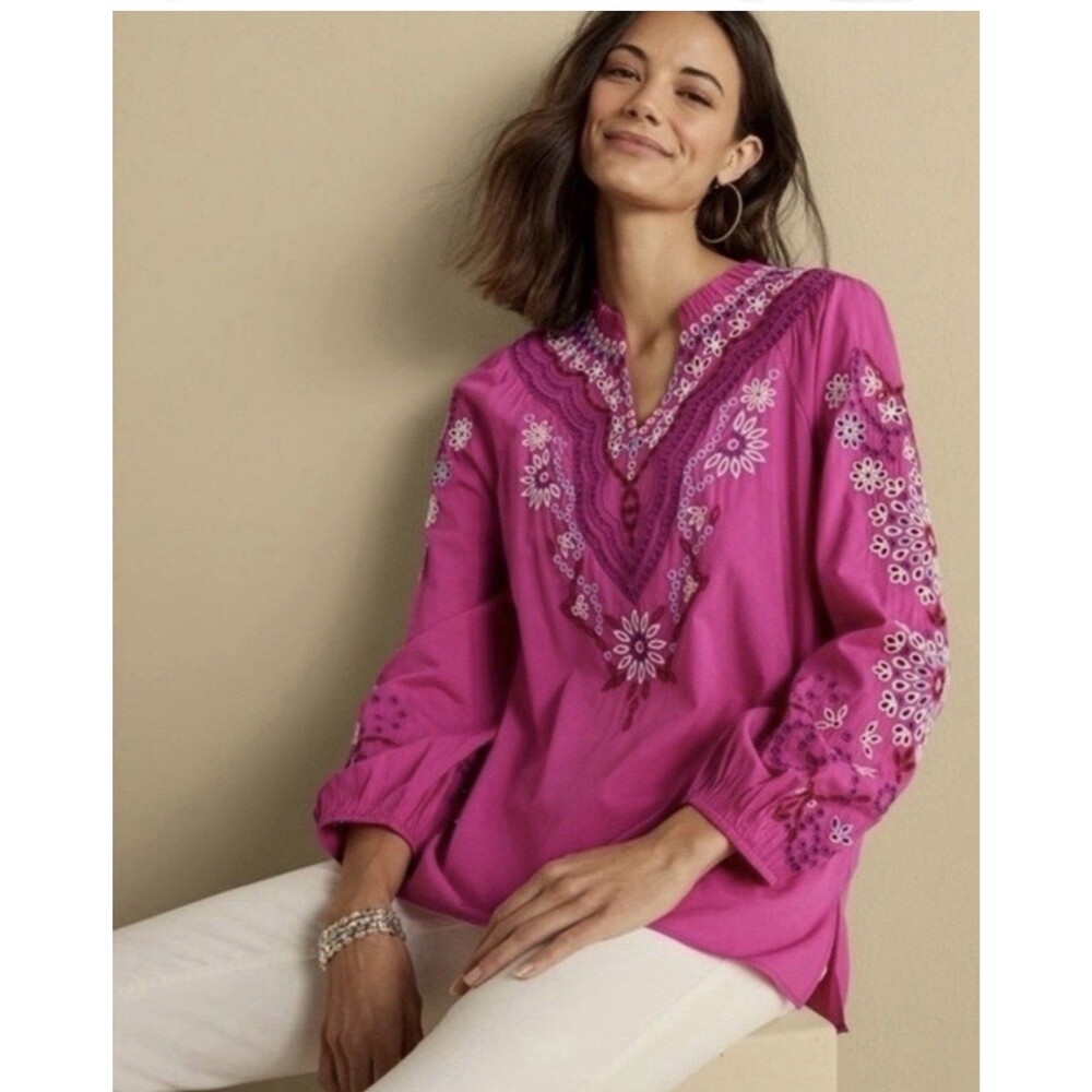 Soft Surroundings Pink Embroidered Tunic Top Boho Eyelet Floral Blouse Shirt